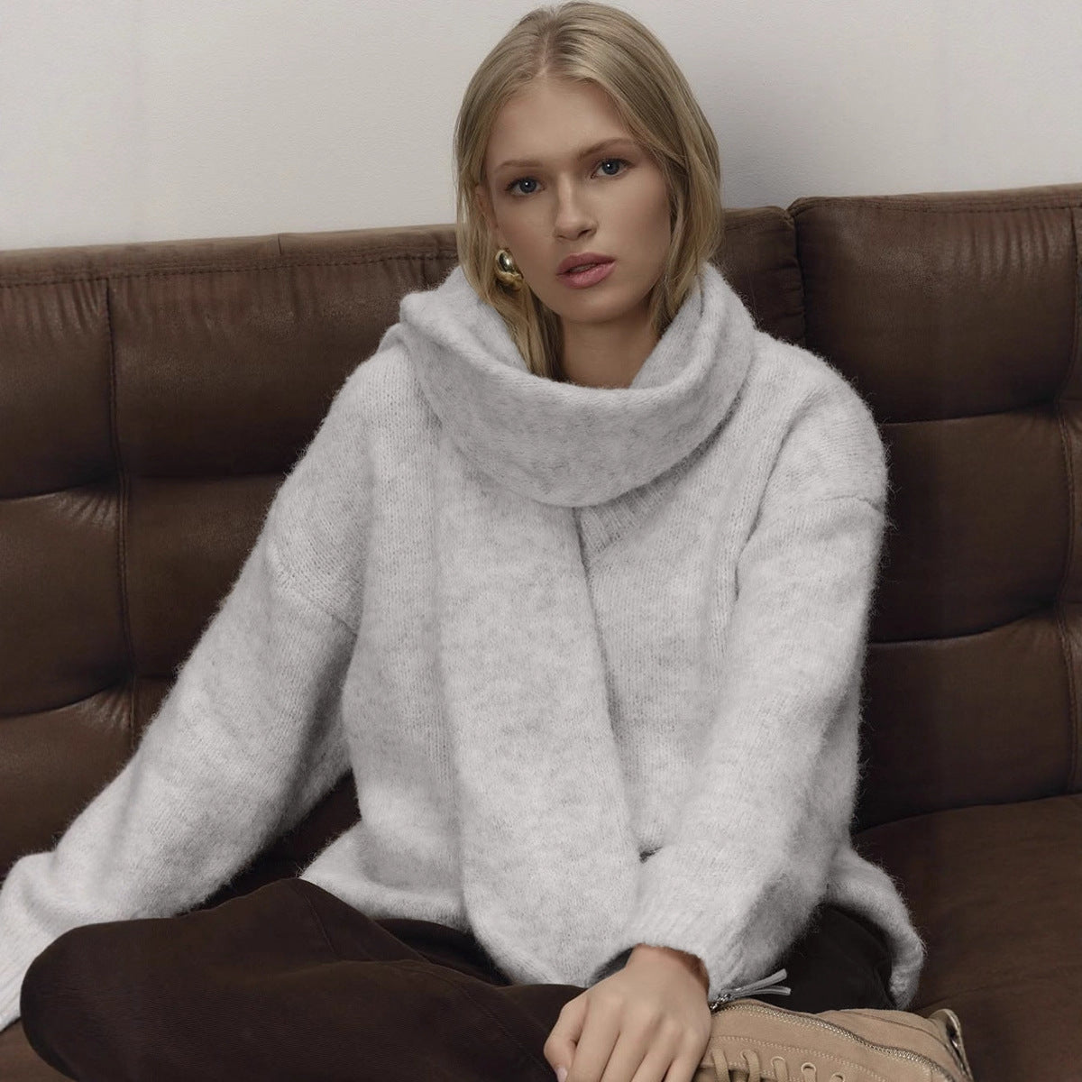 Loose Lazy Soft Wool Sweater Women Autumn Winter Pullover Loose Sweater Scarf Set Bella Mia