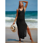 Travel Vacation Sexy Backless V neck Solid Color Breathable Knitted Maxi Dress Beach Sun Protection Blouse Crochet hook Bella Mia