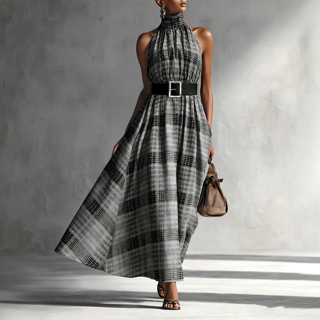 Halter Sleeveless Plaid High Waist Lace up Waist Draping Effect Large Hem A line Dress French Dress Bella Mia