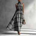 Halter Sleeveless Plaid High Waist Lace up Waist Draping Effect Large Hem A line Dress French Dress Bella Mia