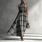 Halter Sleeveless Plaid High Waist Lace up Waist Draping Effect Large Hem A line Dress French Dress Bella Mia
