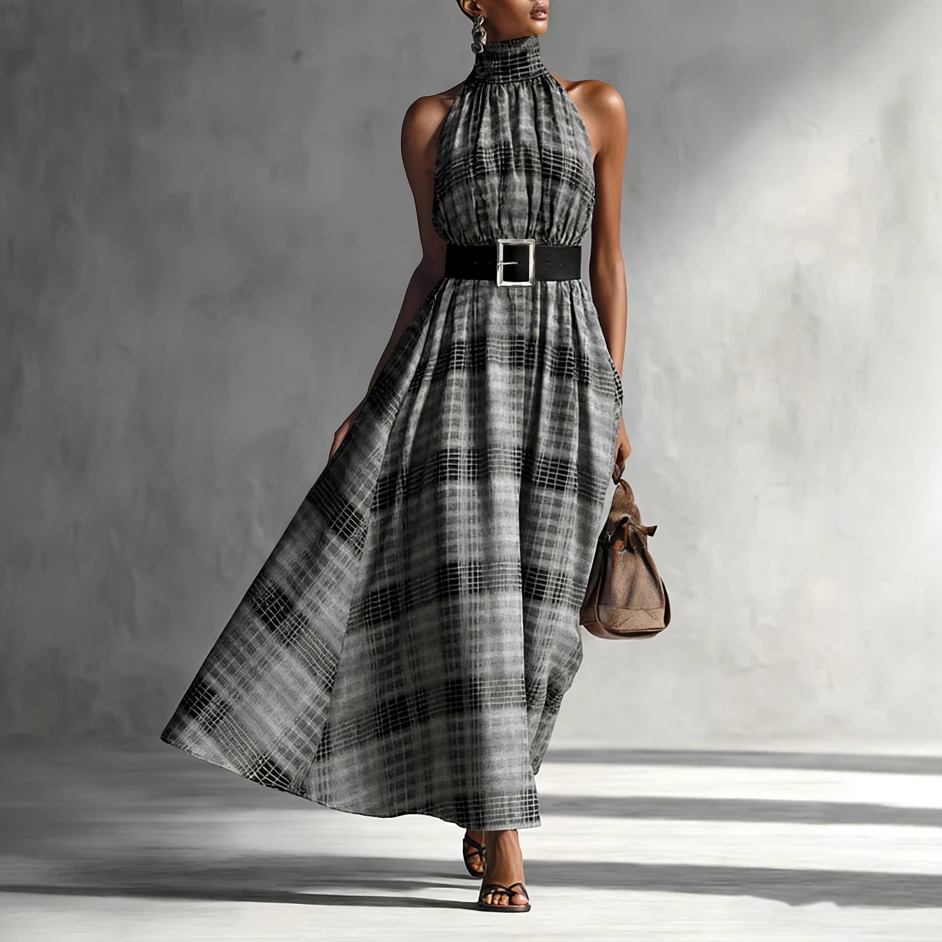 Halter Sleeveless Plaid High Waist Lace up Waist Draping Effect Large Hem A line Dress French Dress Bella Mia