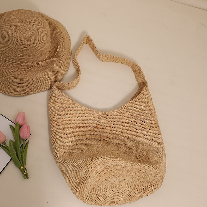 Large Capacity Shoulder Straw Bag Bucket Straw Bag Woven Bag Vacation Beach Bag Women Bag