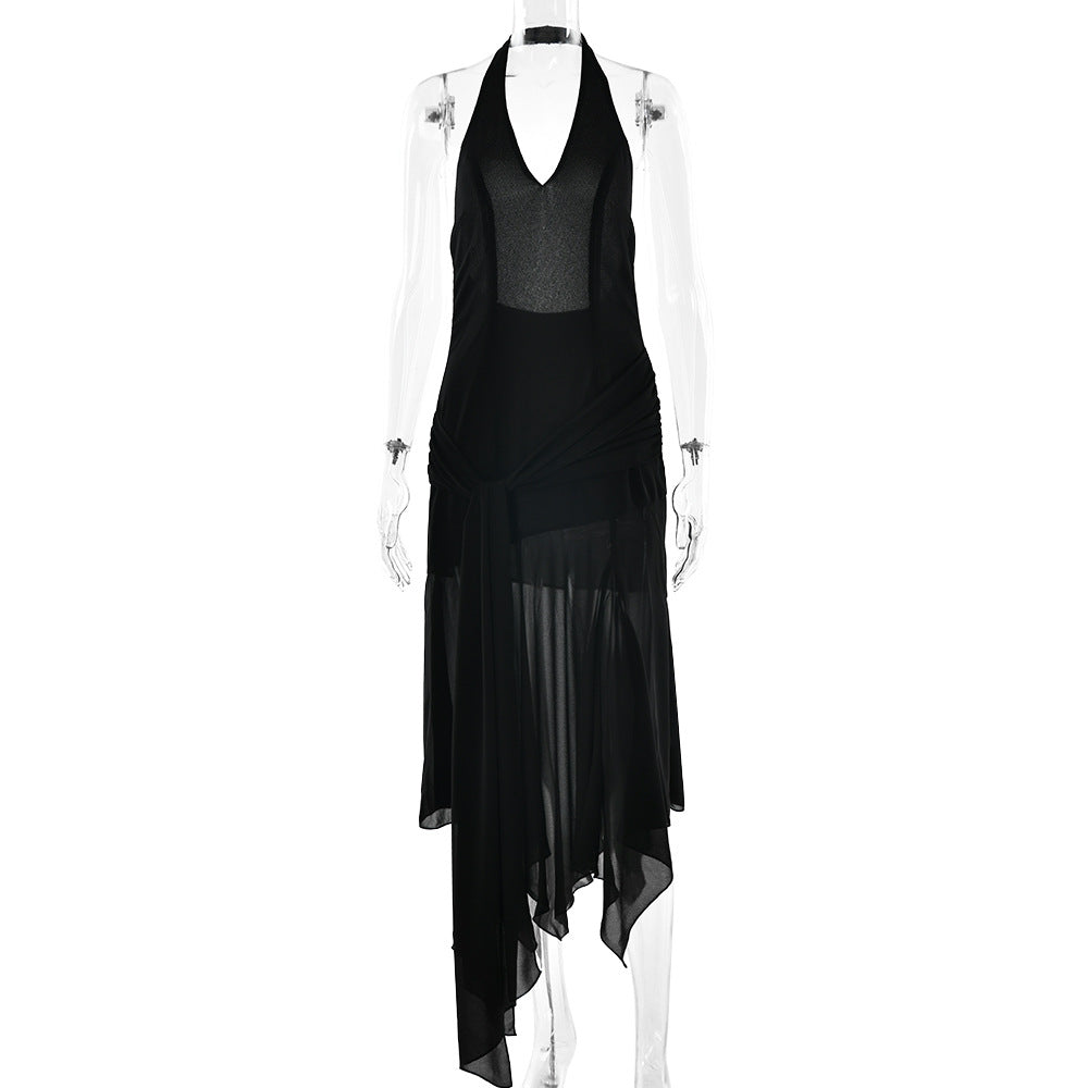 Summer Halter Chiffon See through Dress Sexy Deep V Plunge Ribbon Dress Bella Mia