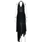 Summer Halter Chiffon See through Dress Sexy Deep V Plunge Ribbon Dress Bella Mia