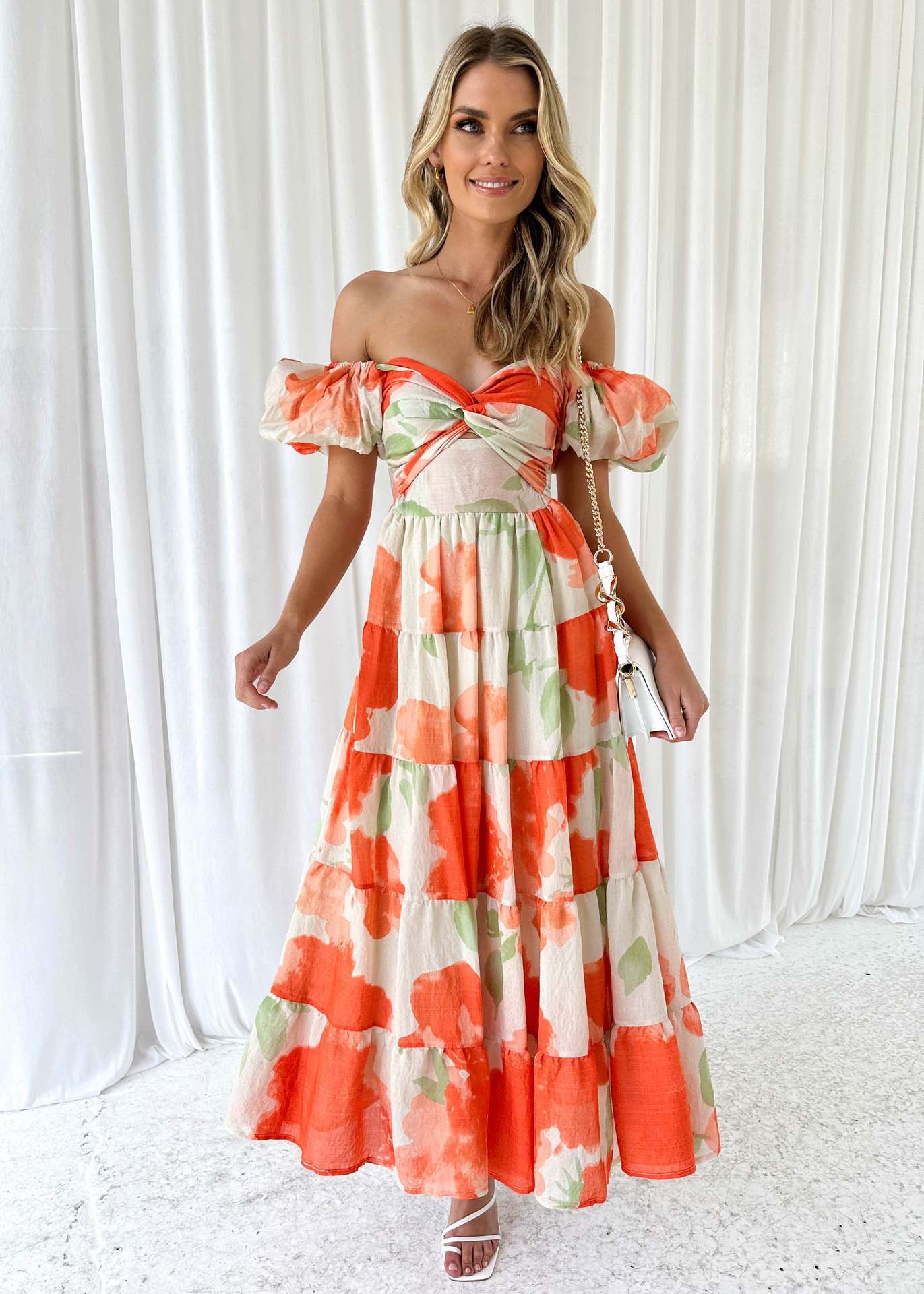 Spring Women Fashionable Elegant Puff Sleeve V neck Hollow Out Cutout out Printed Dress for Women Bella Mia
