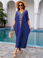 Navy Blue Rayon Embroidered Beach Cover Up Embroidered Robe Loose Sun Protection Shirt Beach Cover Up Bella Mia