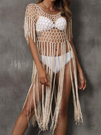 Women Beach Cover up Women Clothing Sexy Cutout Tassel Stitching Pure Hand Crocheting Bikini Overclothes Bella Mia