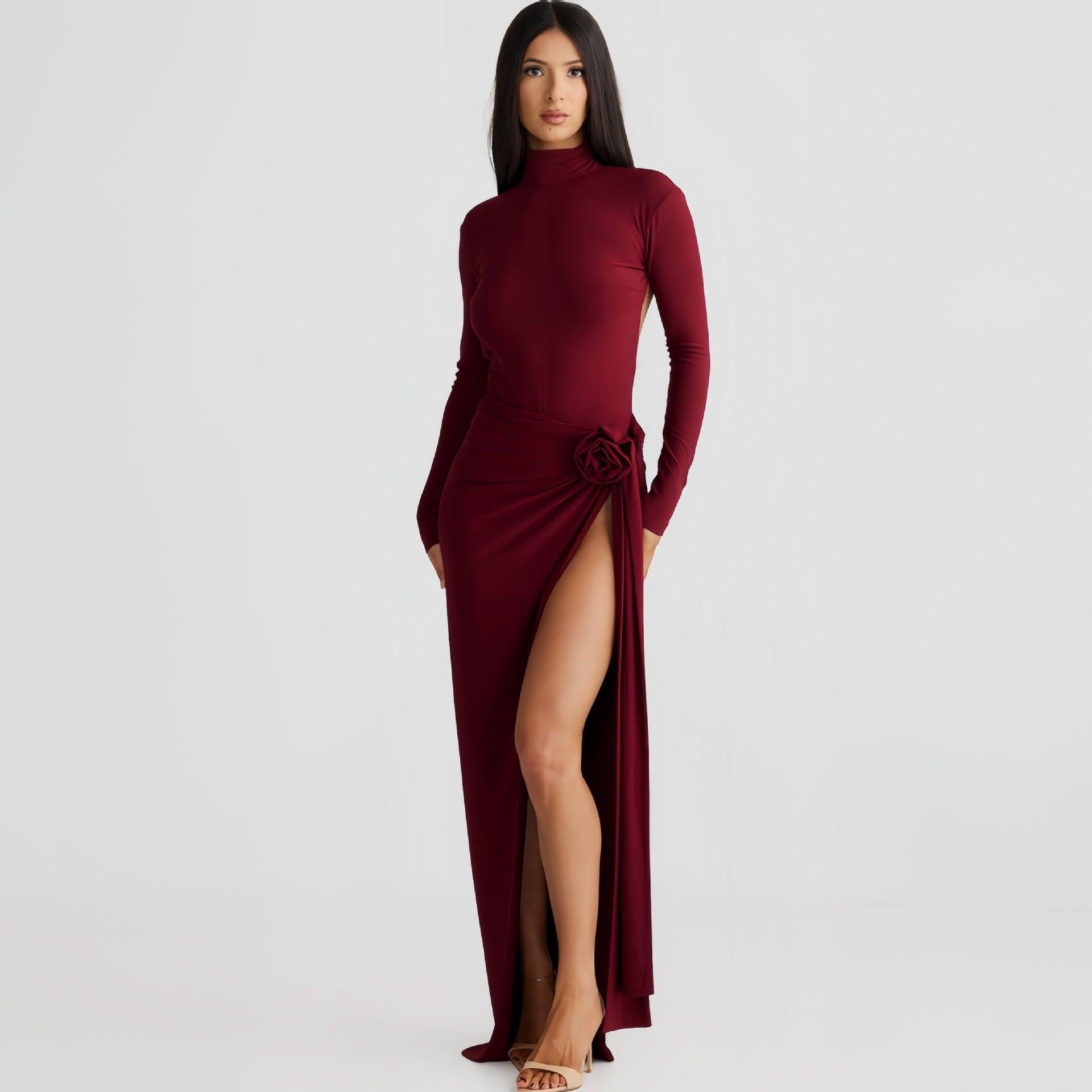 Autumn Women High Collar Backless Long Sleeves Jumpsuit Sexy Slit Dress Bella Mia