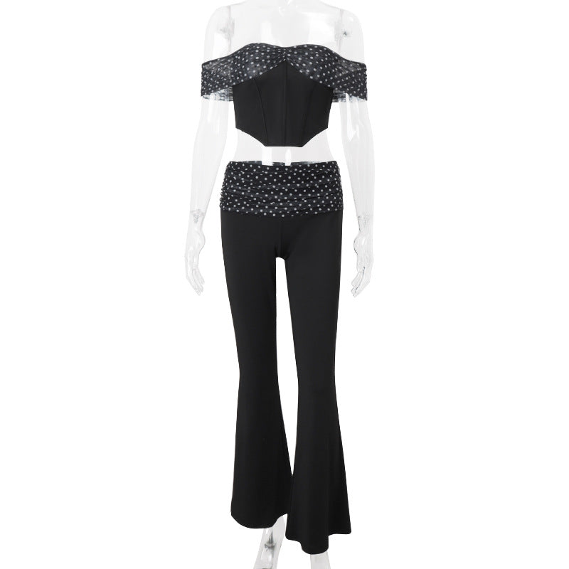 Women Clothing Summer Sexy Polka Dot Print Irregular Asymmetric Top High Waist Casual Pants Set Bella Mia