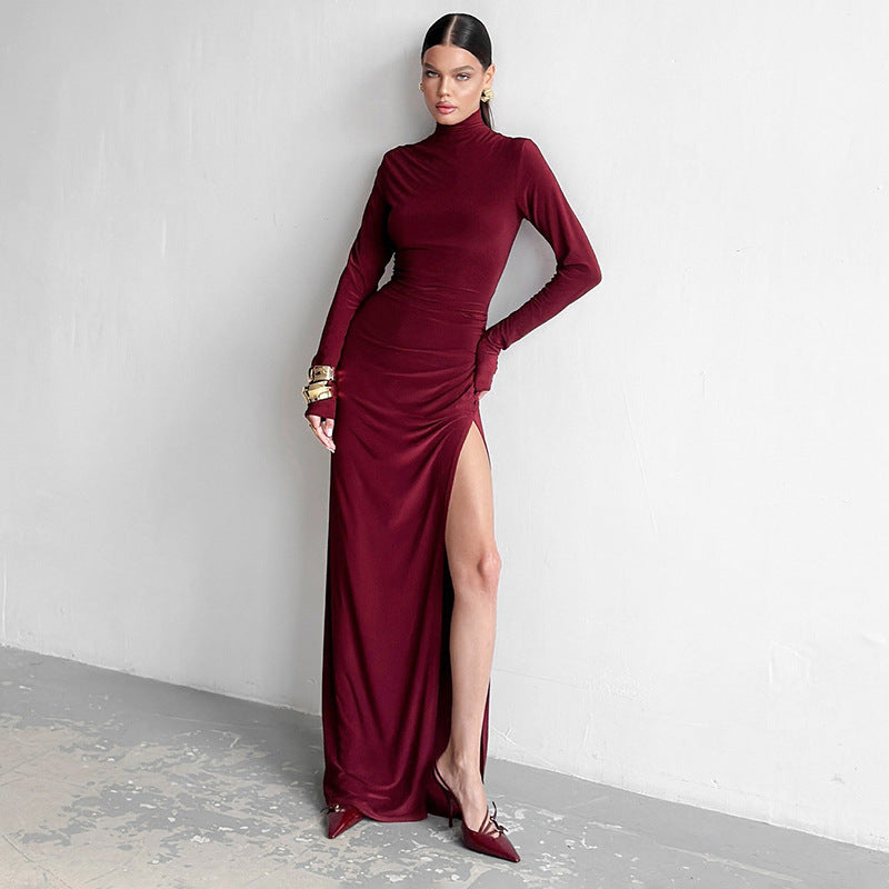 Women Clothing High Collar Slim Fit Long Sleeves High Slit Elegant Maxi Dress Bella Mia