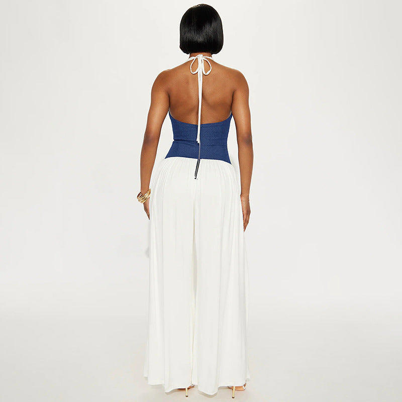 Women Clothing Spring Summer Halter Strap Contrast Color Zipper Tube Top Wide Leg Loose Jumpsuit Bella Mia