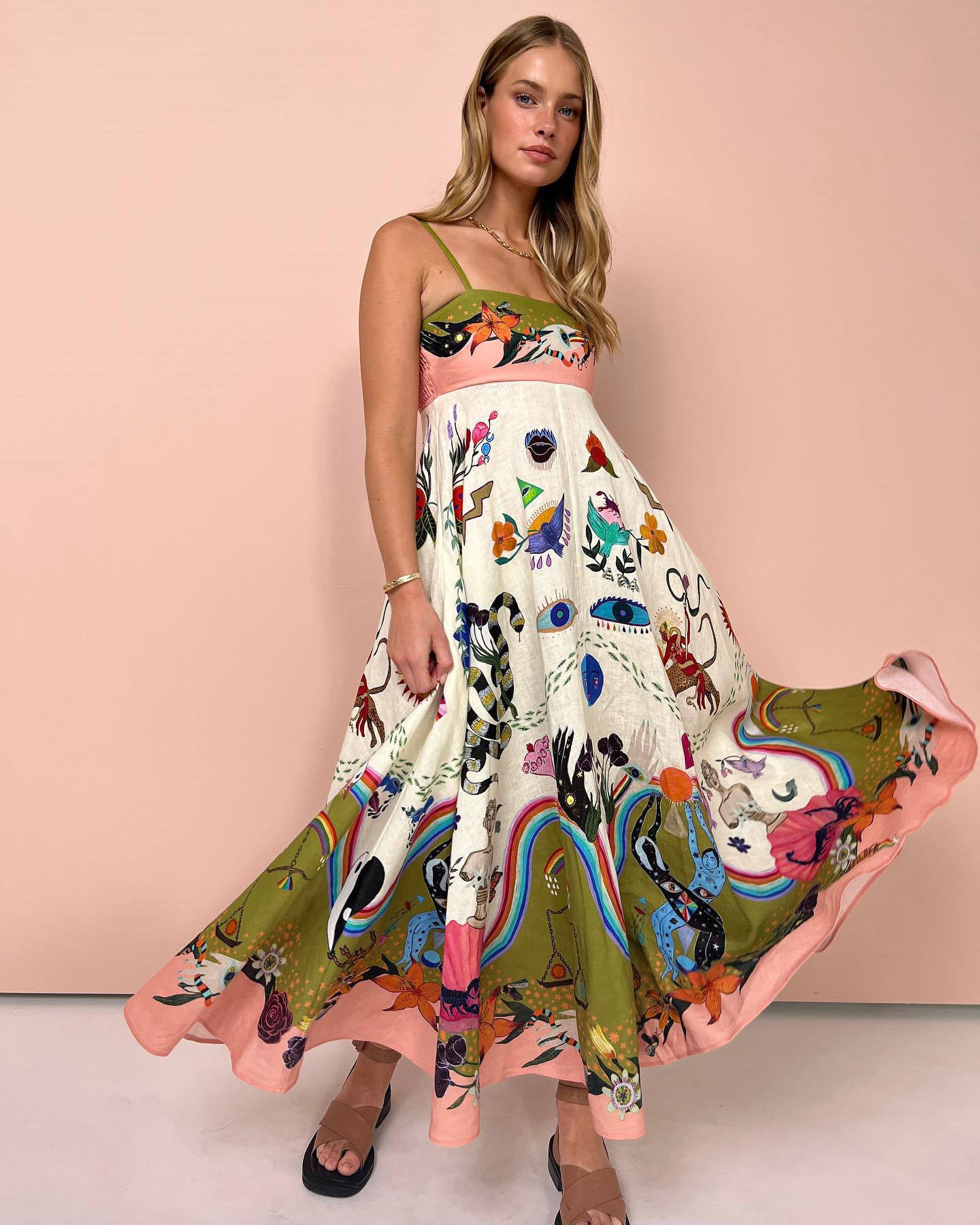 Dress Women Clothing Spaghetti Strap Floral Print Linen 9 Color Large Swing Dress