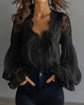 Women Lace Stitching Puff Sleeve Pleated Shirt Bella Mia