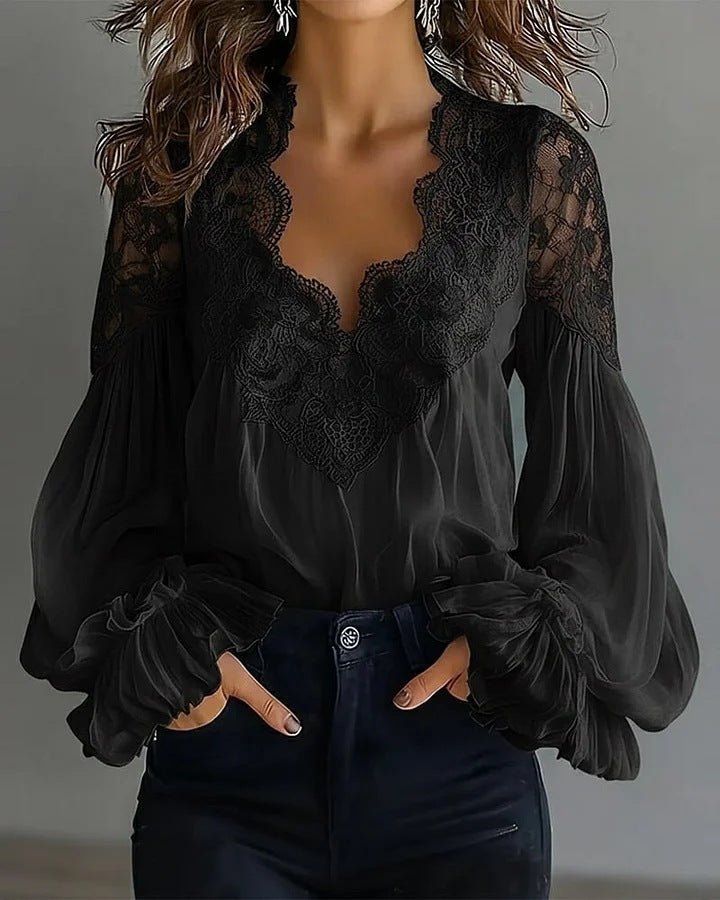 Women Lace Stitching Puff Sleeve Pleated Shirt Bella Mia