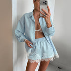Retro Design Women Long Sleeve Collared Lace Stitching Shirt Shorts Casual Two Piece Sets Bella Mia