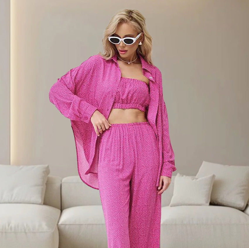 Autumn Blue Color Leopard Print Pajamas Tube Top Cardigan Long Sleeve Pants Women Homewear Bella Mia