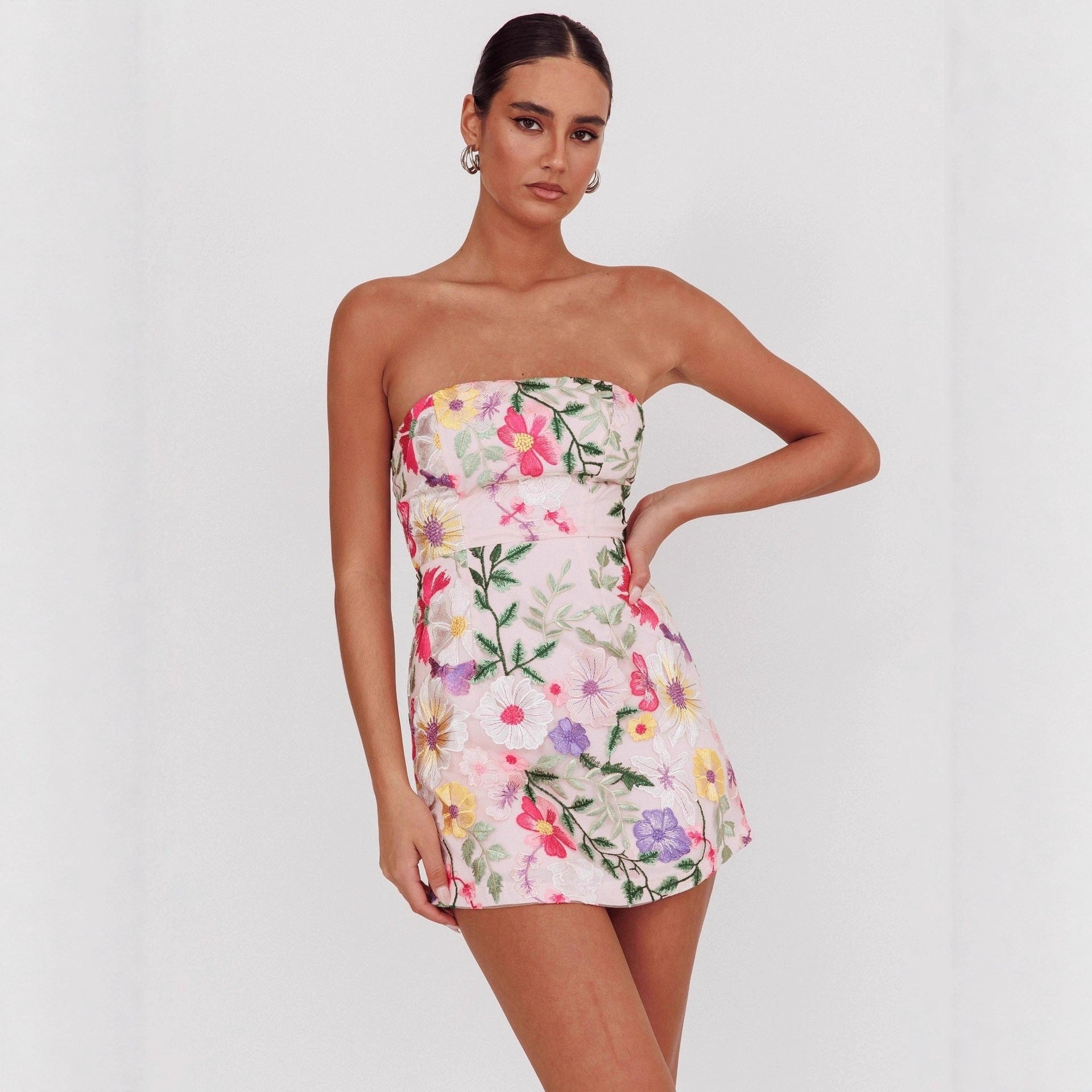 Women Slim Fit Bandeau Sling Short Niche Floral Dress Bella Mia