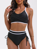Bikini Color Matching Lace up Drawstring High Waist Sexy Split Bikini Swimsuit Women