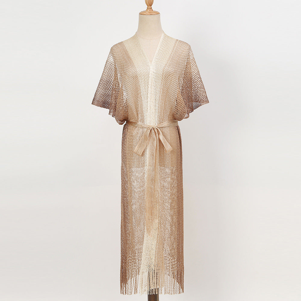 Summer Beach Sun Protection Shirt Gradient Color Lace Up Tassel Beach Cover Up Short Sleeve Knitted Long Cardigan Bella Mia