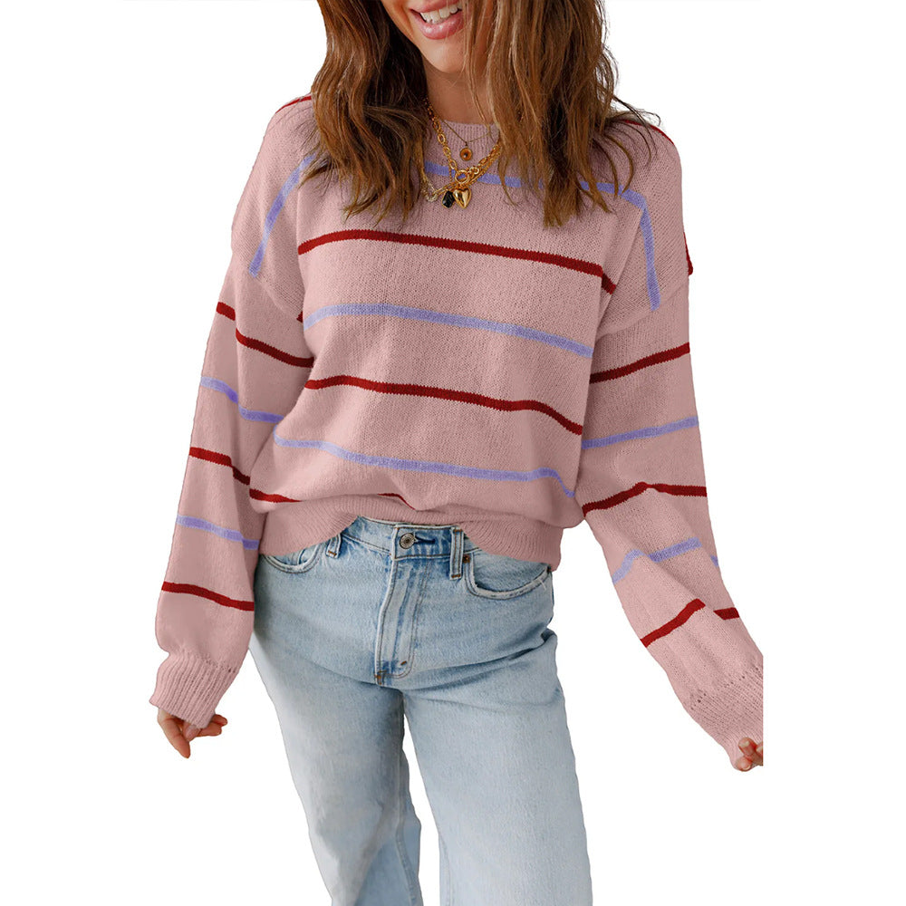 Women Casual Color Striped Pullover Long Sleeve Loose Sweater Bella Mia