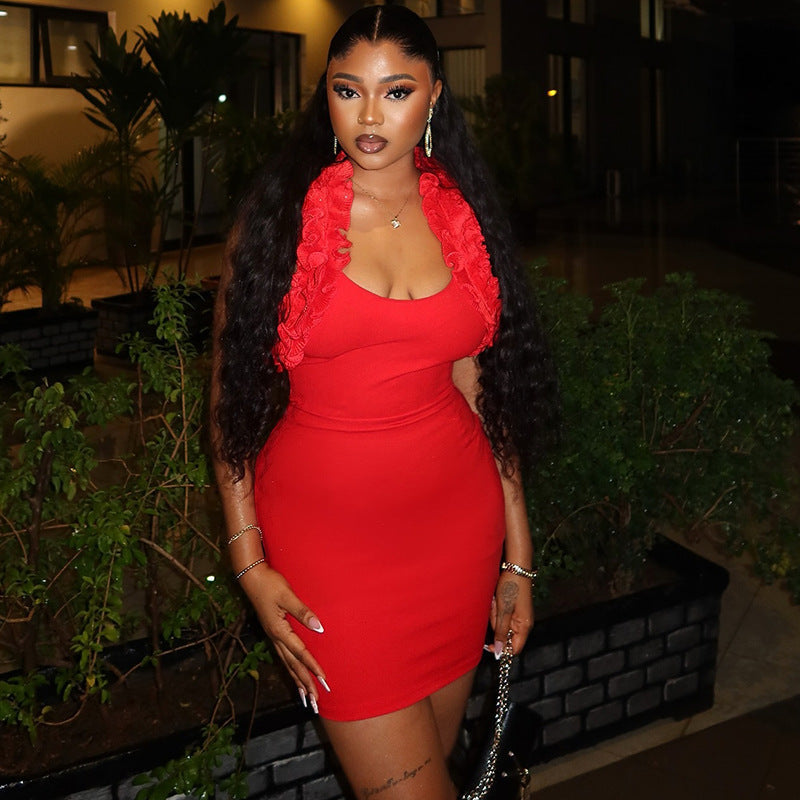Women Clothing Solid Color Dress Sexy Ruffles Spaghetti Straps Sleeveless Backless Hip Bella Mia