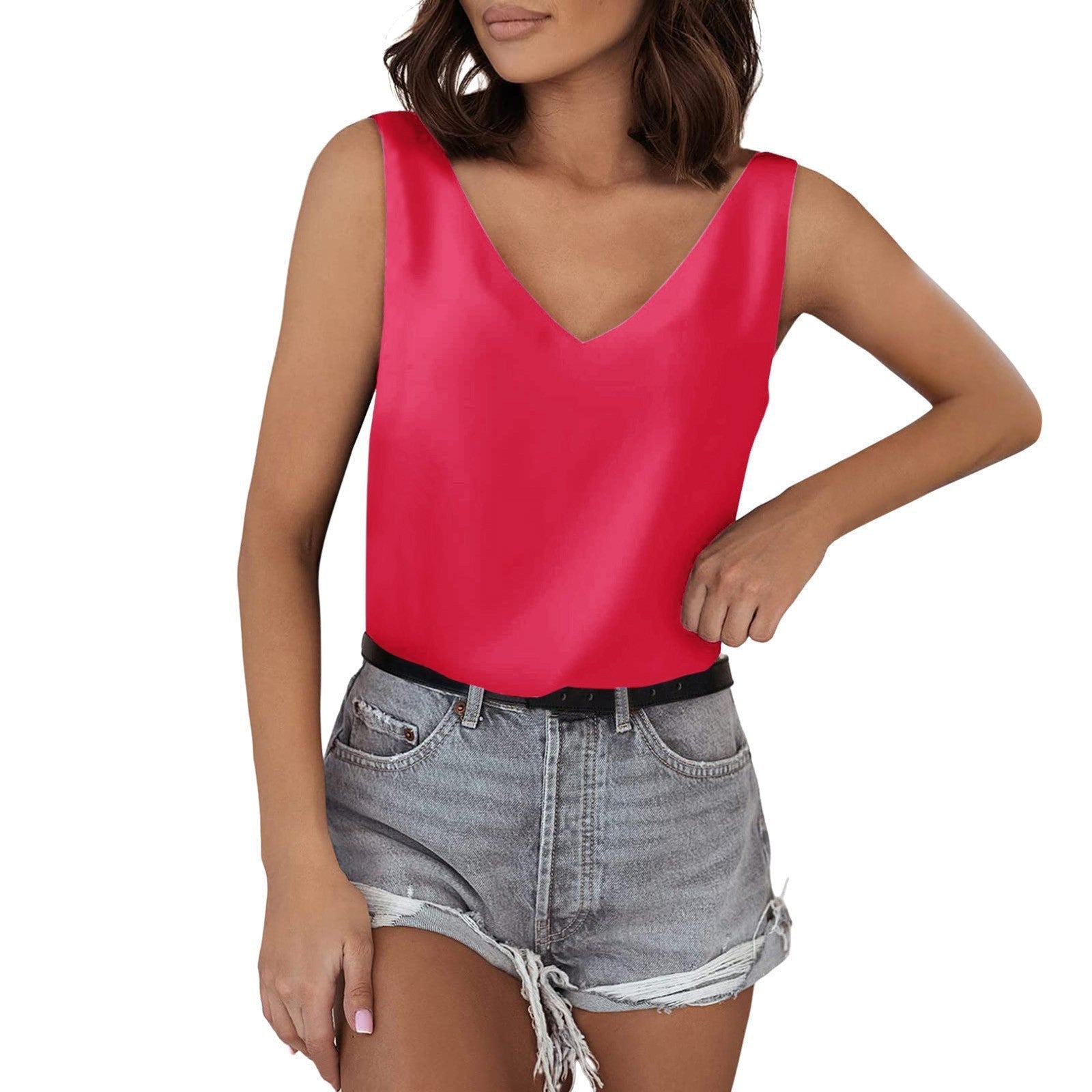 Solid Color Satin Vest V neck Casual Camisole Sleeveless Shirt Summer Basic Bella Mia