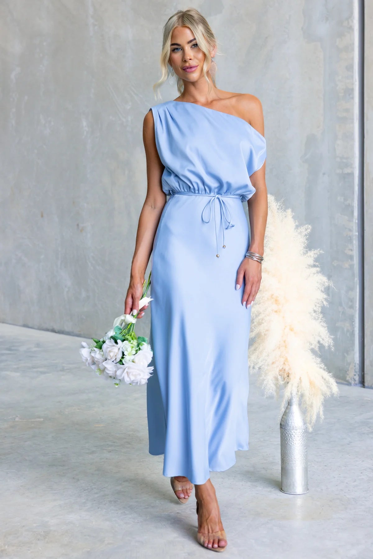 Summer Cocktail Sloping Shoulder off the Shoulder Sexy Solid Color Tied Dress Bella Mia
