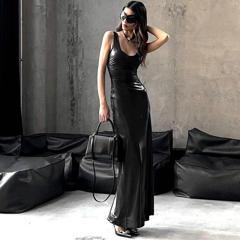 Women Clothing Winter U Collar Solid Color Split Vest Dress