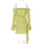 Autumn off Shoulder Ruffled Bell Sleeve Ribbon Dress Bella Mia