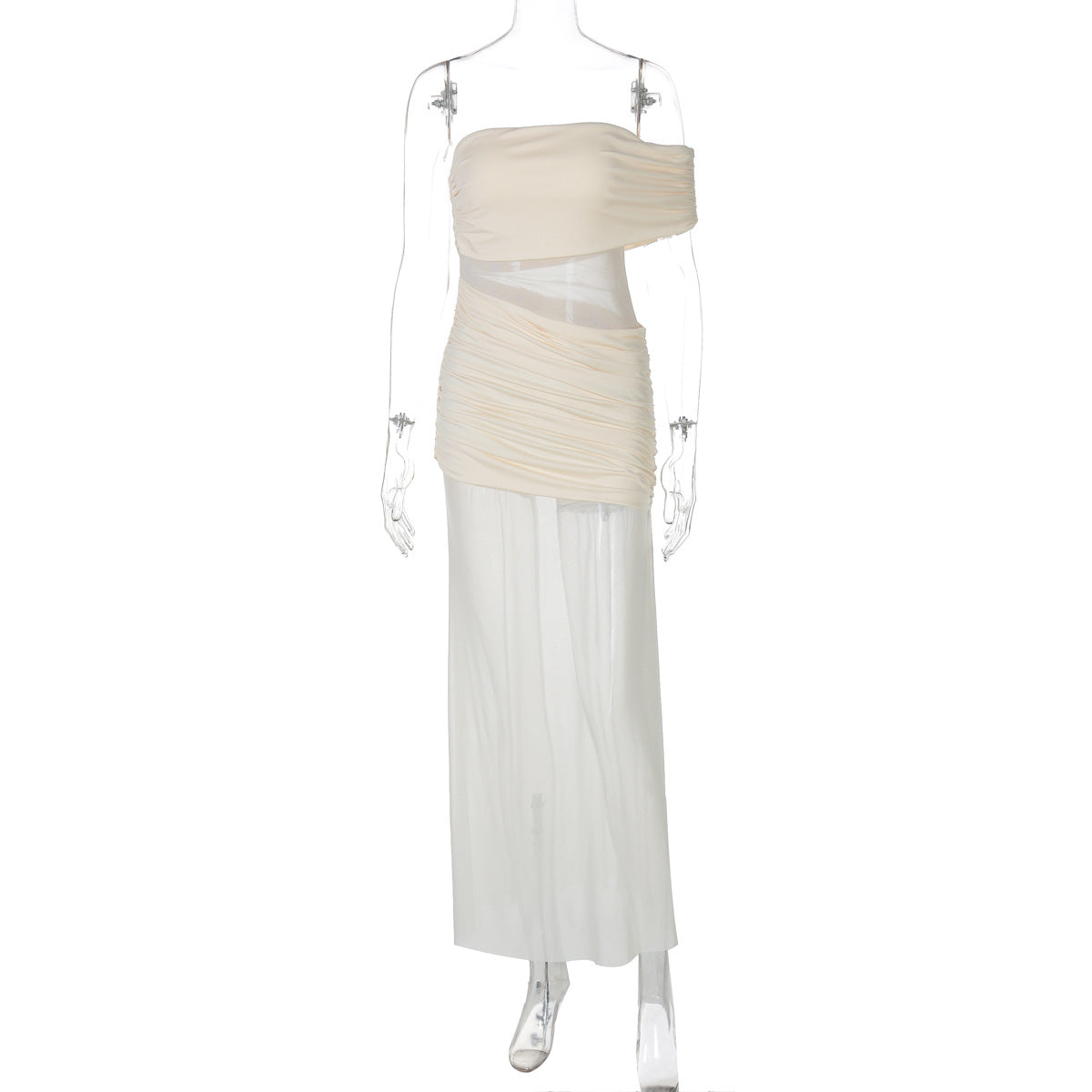 Women Clothing Summer off Neck Mesh Stitching Sexy Slim Fit Pleated Dress Bella Mia