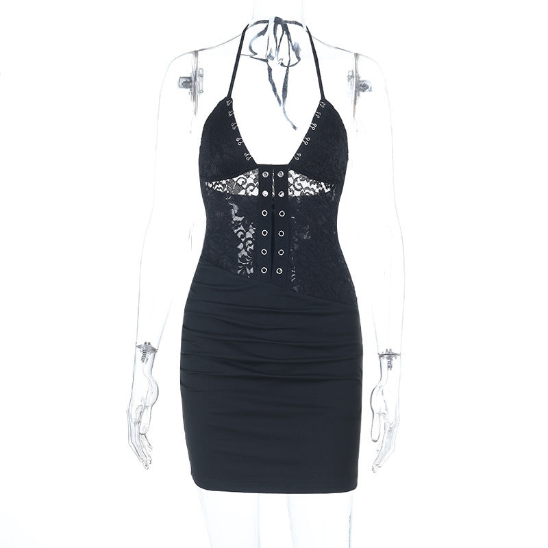 Sexy Lace Sling Dress Summer V neck Backless Lace up Sheath Dress Bella Mia