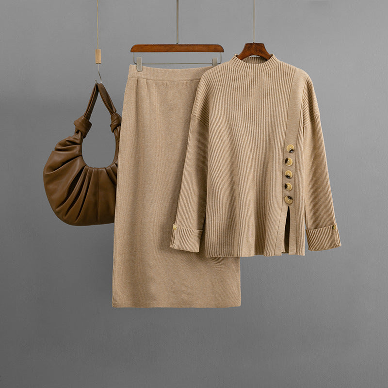 Women Autumn Winter Side Slit Fastener Decoration Sweater Skirt Two Piece Sets Bella Mia
