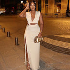 Women Clothing Solid Color Dress Oblique V neck off Shoulder Sleeveless Irregular Asymmetric Slit Bella Mia