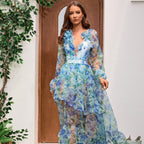 V neck Backless Gauzy Long Sleeve Printed One Piece Swimsuit Women Set Dress Bella Mia