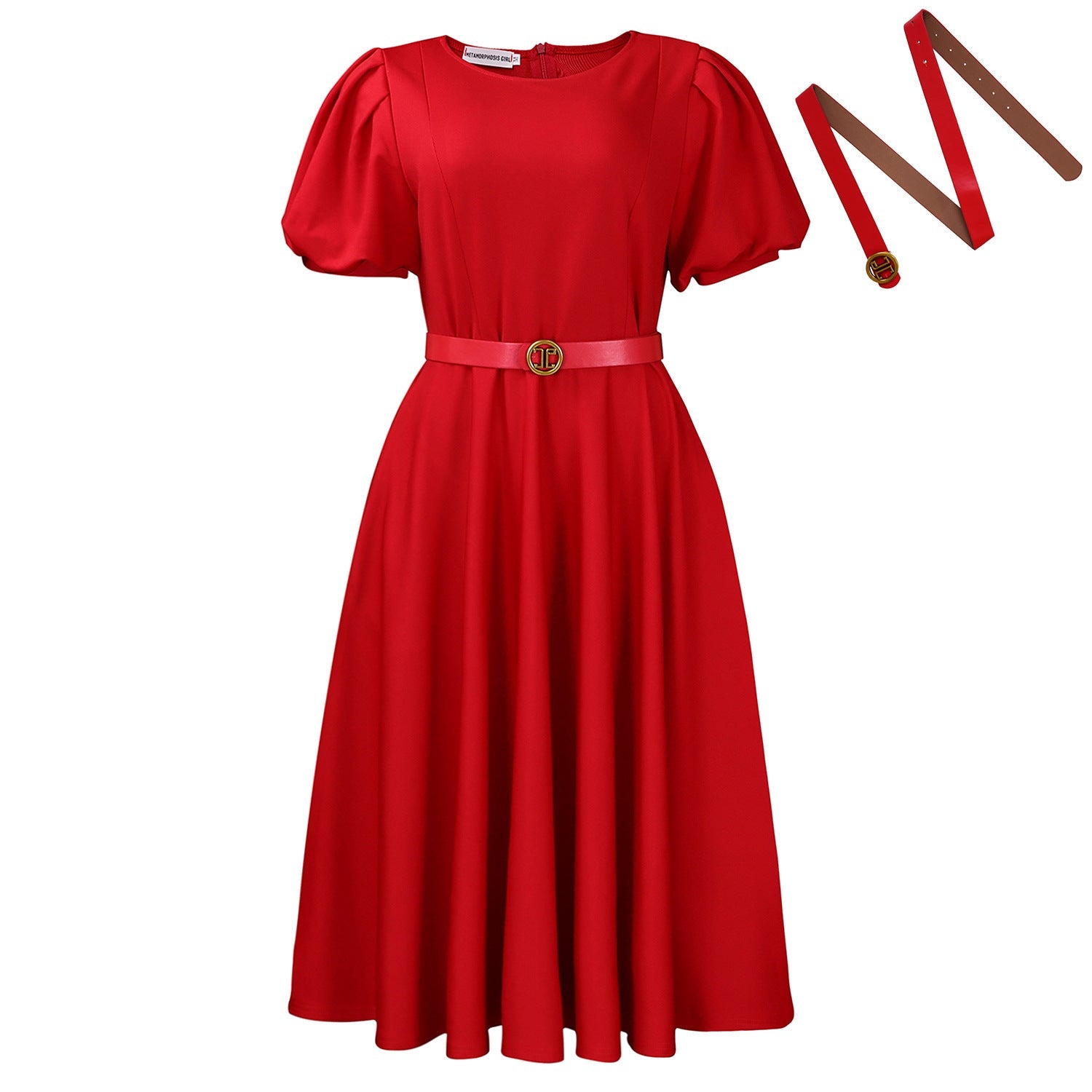 Women Clothing round Neck Puff Sleeve High Waist Dress Bella Mia