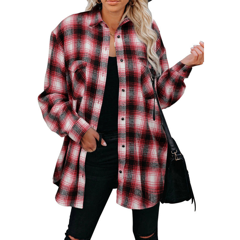 Women Clothing Autumn Winter Plaid Shirt Mid-Length Loose Lapels Cardigan Shirt Bella Mia