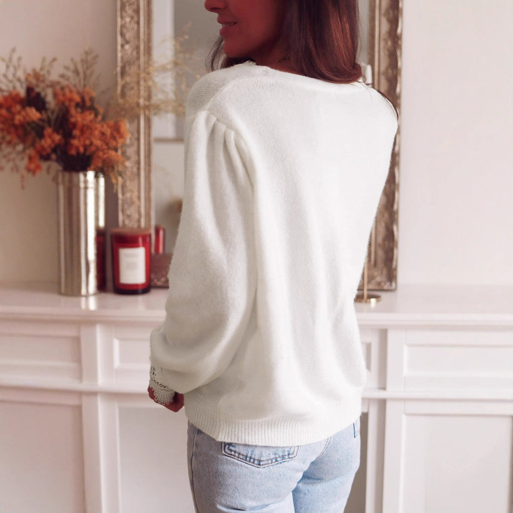 Lace Stitching V neck Knitted Cardigan Women Autumn Elegant Loose Solid Color Top for Women Bella Mia