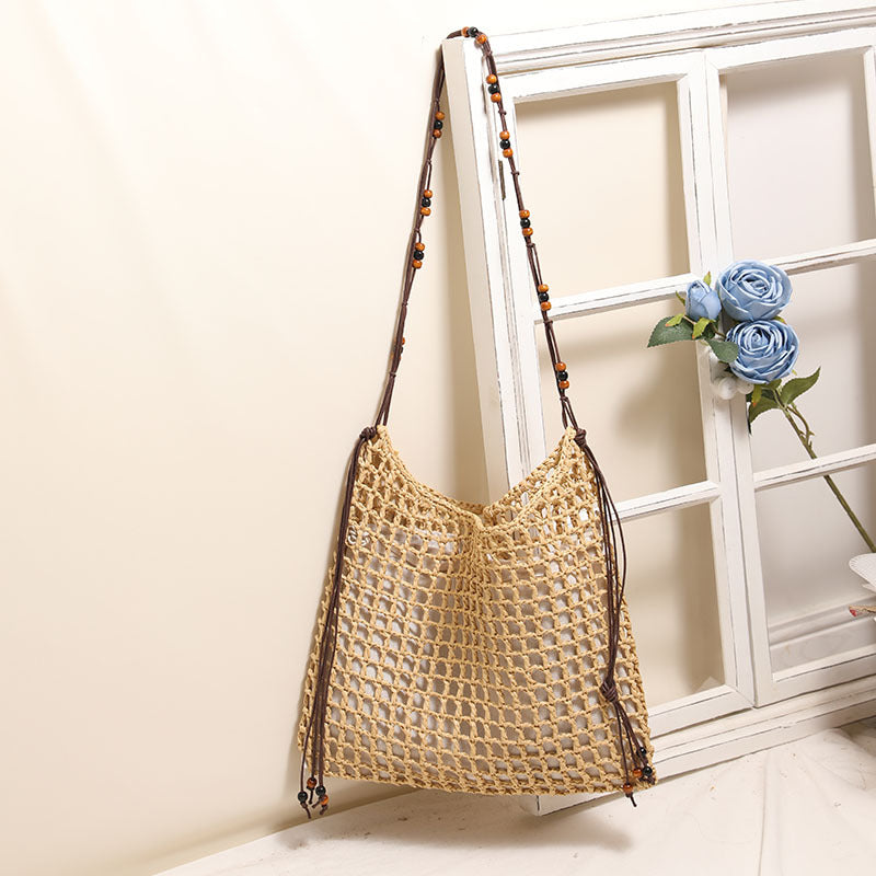 Summer Straw Woven Bag With Lace Up Pattern Suitable For Women Beach Vacation Beach Bag