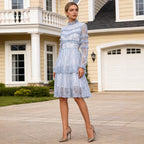 Spring Elegant Casual Stitching Lotus Leaf See through Printed Stand Collar High Waist Long Sleeves Dress Women Bella Mia