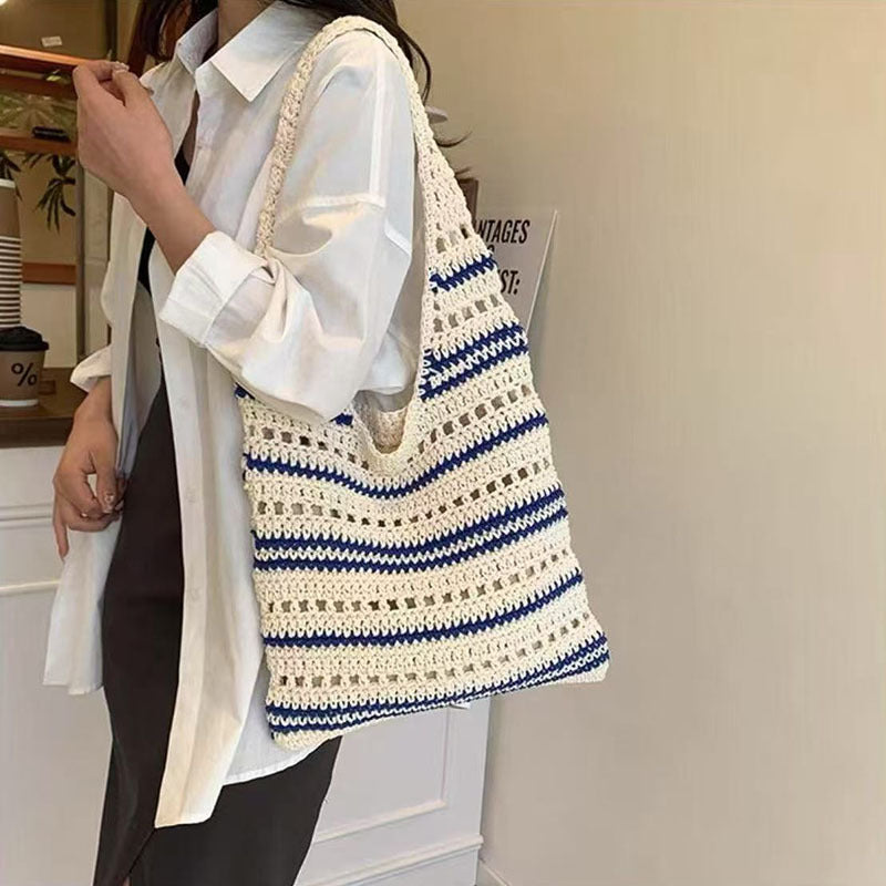 Striped Single Shoulder Cotton Thread Woven Bag Large Capacity Hollow Out Cutout Straw Bag Seaside Vacation Beach Bag Bella Mia