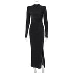 Women Clothing Autumn round Neck Slim Fit Slit Bright Color Dress Bella Mia