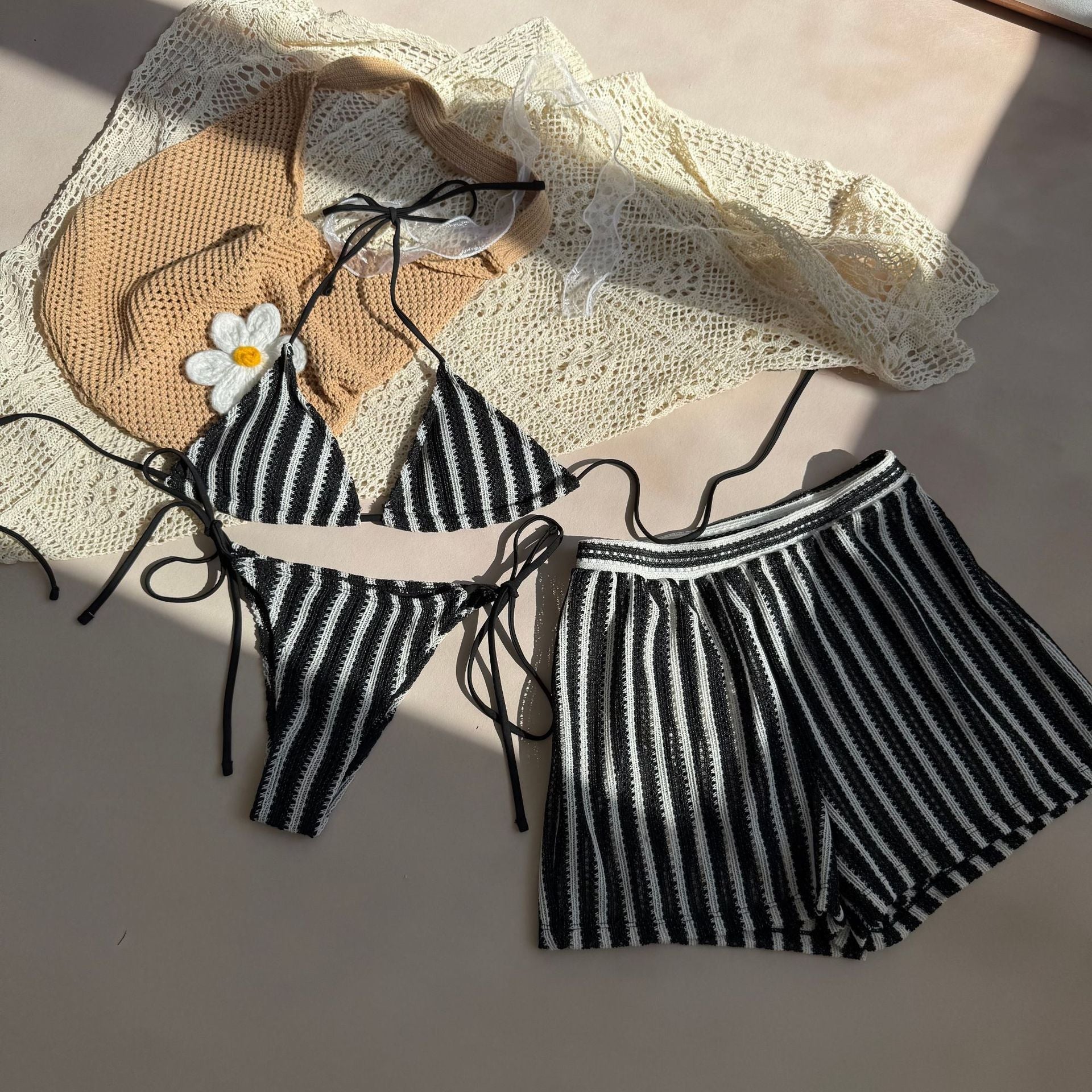 Sexy Lace up Striped Three Piece Swimsuit Bikini