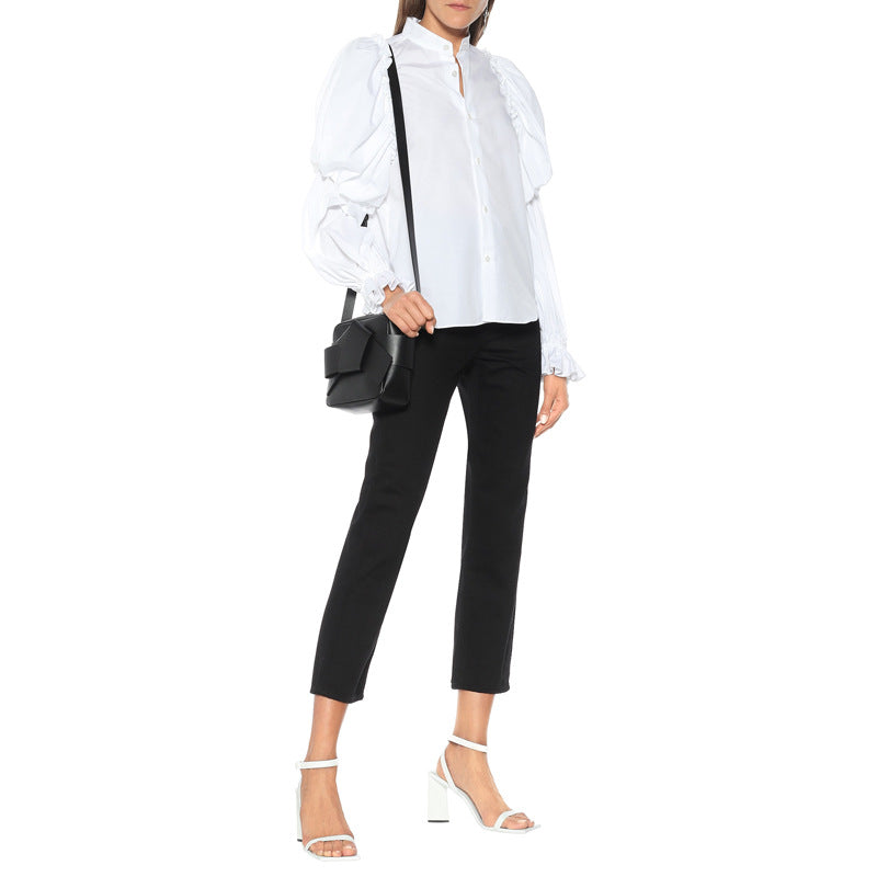 Shirt Women Long Sleeve Lantern Sleeve Women Shirt White Stand Collar Bella Mia
