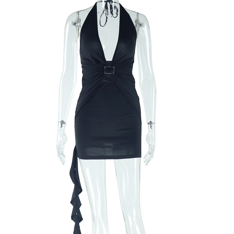 Sexy Halter Dress Solid Color Metal Decoration Pullover Patchwork Pleated Sleeveless Nightclub Hip for Women Bella Mia