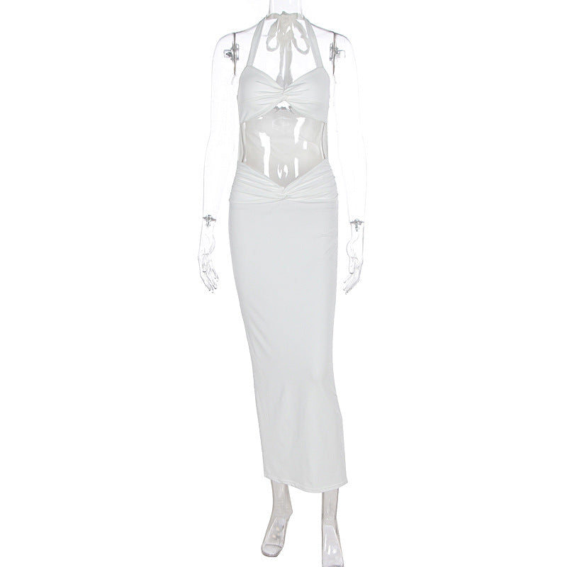 Summer Sexy Solid Color Halter Hollow Out Cutout Sleeveless Slim Fit Hip Dress Bella Mia