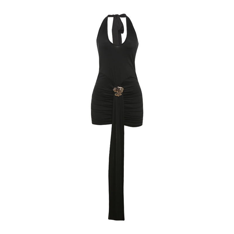 Summer Women Clothing Sexy Halter Hollow Out Cutout Slim Fit Slim Backless Ruffle Hip Dress Bella Mia