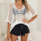 Women Bikini Cover Up Blouse Women Clothing Hollow Out Cutout Woven Shirt Batwing Sleeve Loose Casual Top Bella Mia