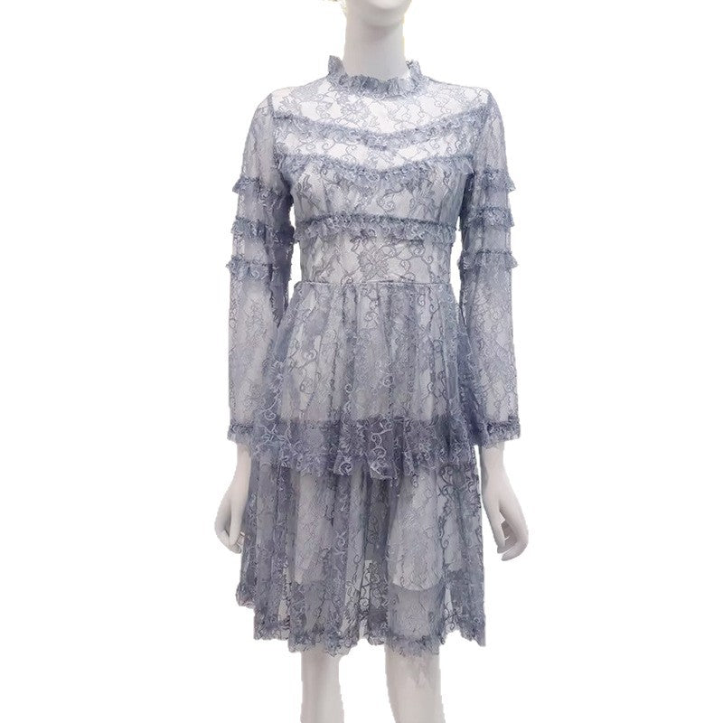 Spring Elegant Casual Stitching Lotus Leaf See through Printed Stand Collar High Waist Long Sleeves Dress Women Bella Mia