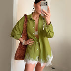 Retro Design Women Long Sleeve Collared Lace Stitching Shirt Shorts Casual Two Piece Sets Bella Mia